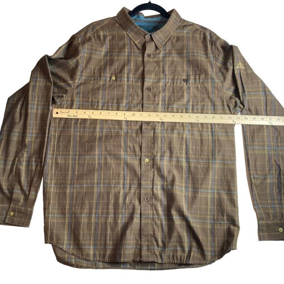 Prana Brown Blue Plaid Western Style Shirt Mens XL Chest Pockets Cotton Blend - Picture 6 of 10